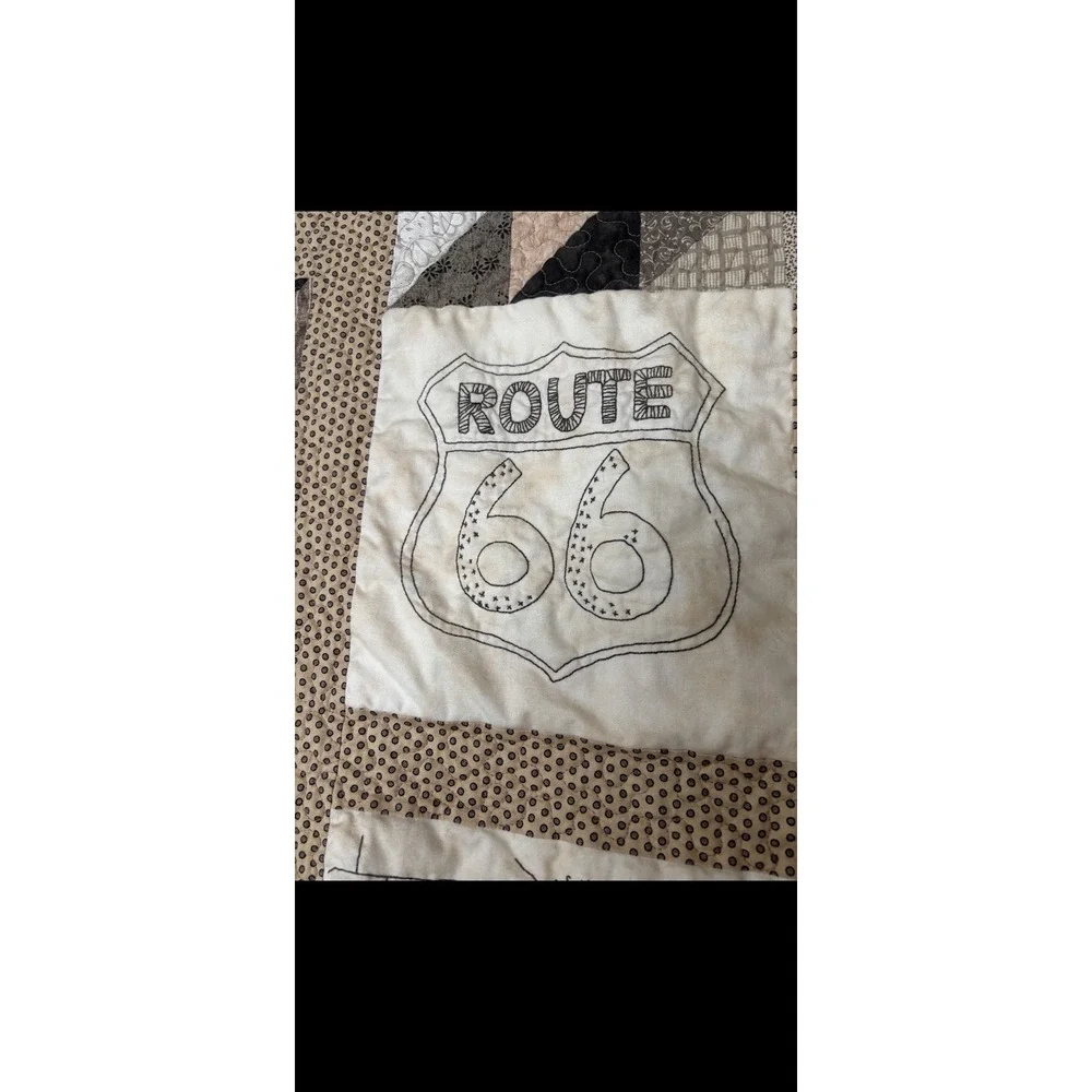 Vintage Handmade Quilted And Embroidered Route 66 Motorcycle Automobile Quilt